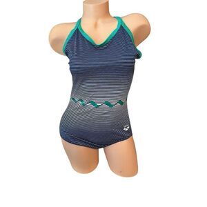 Vtg Arena Women's Athletic One Piece Swimsuit Size‎ 38 Large US Green Blue Nylon